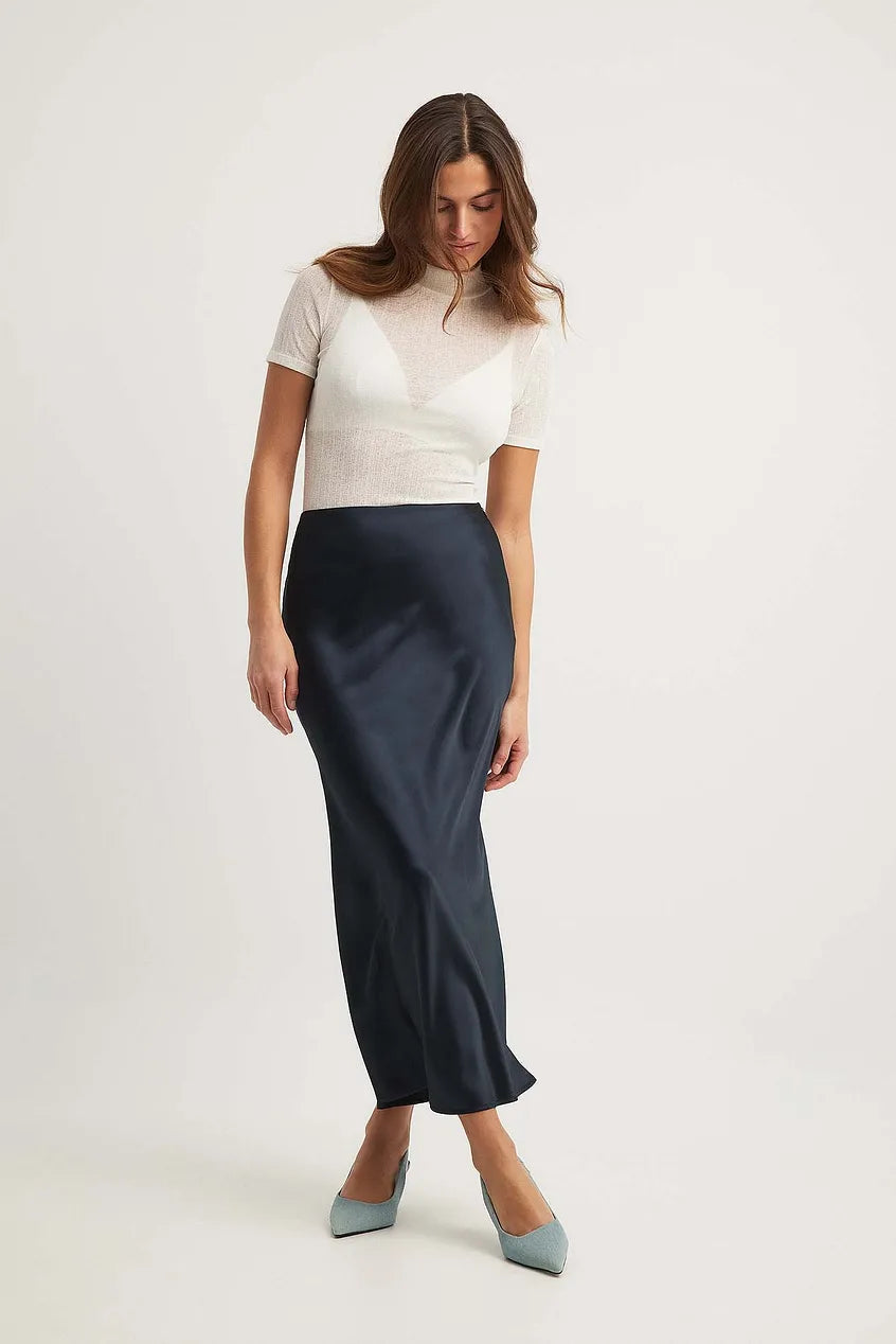 Wysoka Talie Satynowa Spódnica – Leona-Czarny-S-Trend Polska