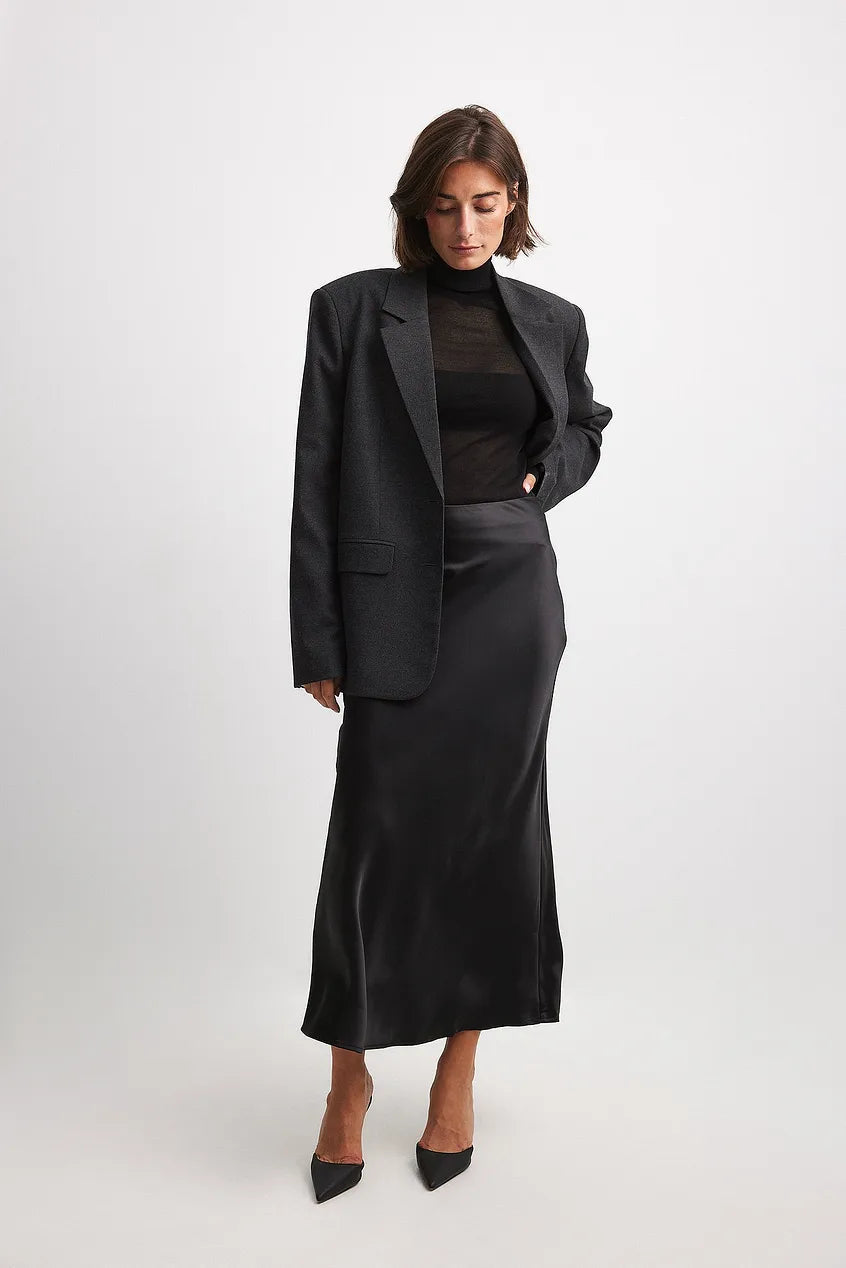 Wysoka Talie Satynowa Spódnica – Leona-Czarny-S-Trend Polska