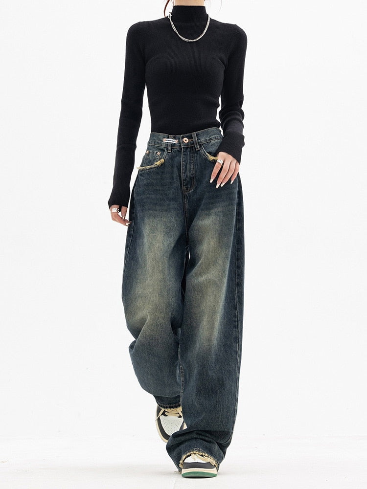 Y2K Vintage Baggy Damskie Jeansy - Luna-Niebieskoszary-S-Trend Polska