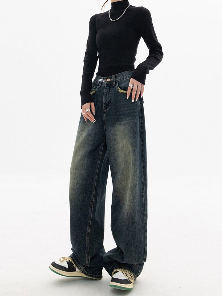 Y2K Vintage Baggy Damskie Jeansy - Luna-Niebieskoszary-S-Trend Polska
