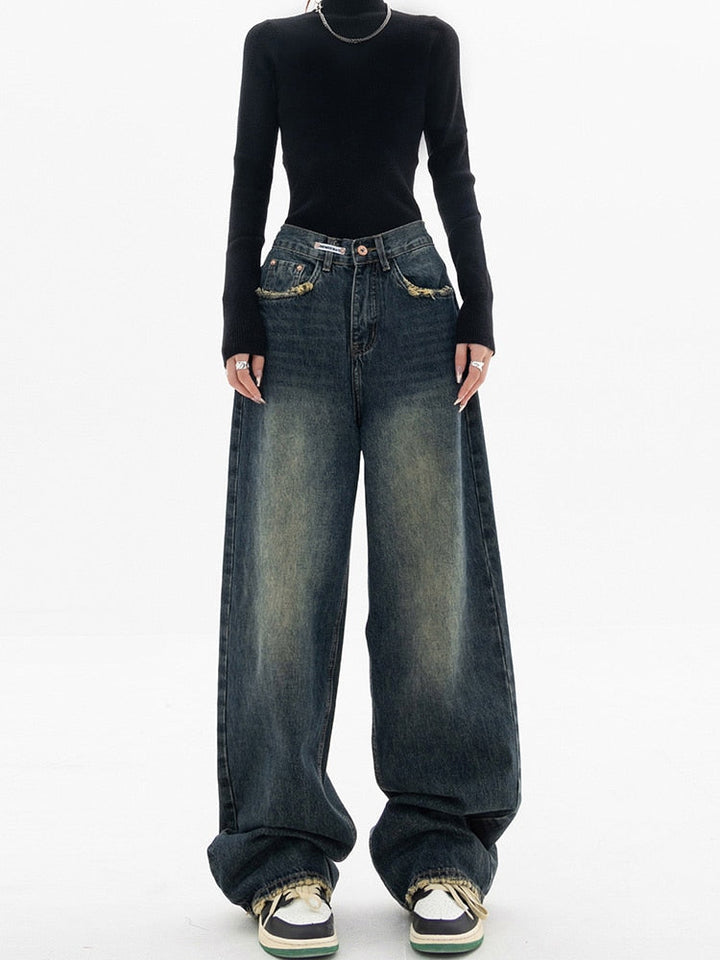 Y2K Vintage Baggy Damskie Jeansy - Luna-Niebieskoszary-S-Trend Polska