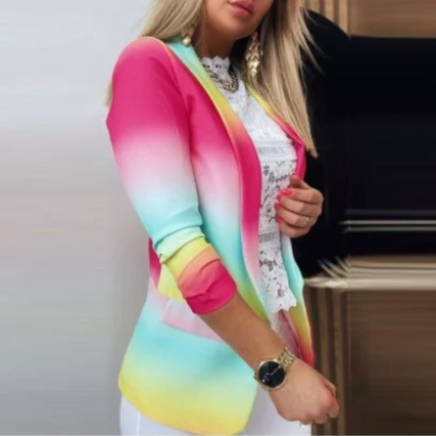 Żakiet damski z kołnierzem i wzorem - Bella-Różowo-żółty-S-Trend Polska