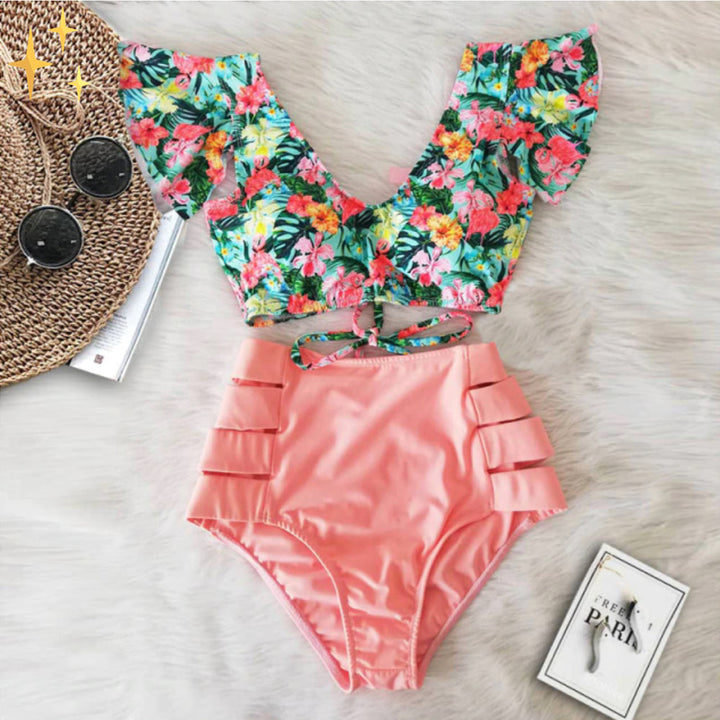 Zestaw bikini z falbaniastym topem i wysokim majtkami – Zaya-Różowy-S-Trend Polska