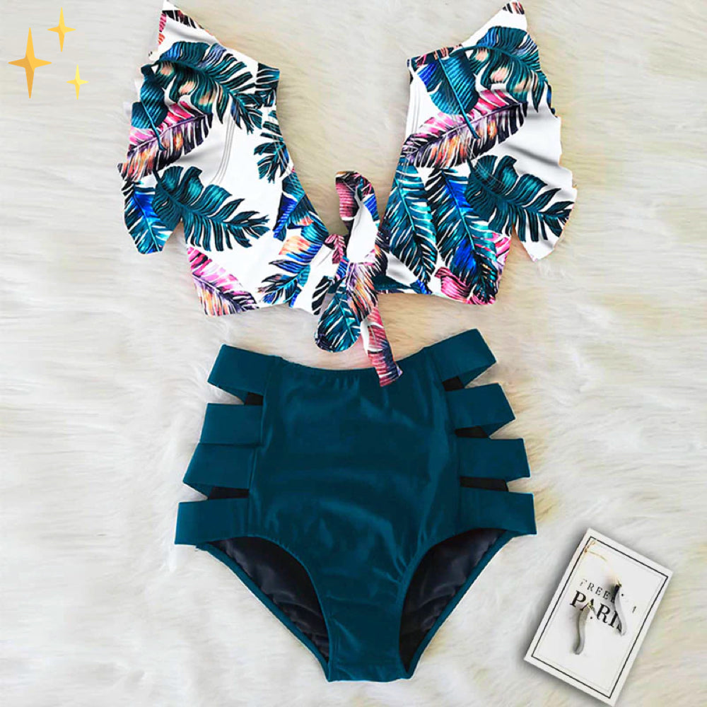 Zestaw bikini z falbaniastym topem i wysokim majtkami – Zaya-Niebieski-S-Trend Polska