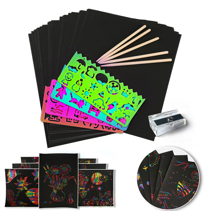 Zestaw Kart do Zeskrobania w Magicznych Tęczowych Kolorach – ColorBurst-50× papier + 4× karty szablonowe + 5 magicznych ołówków + 1× pędzelek i temperówka-Trend Polska