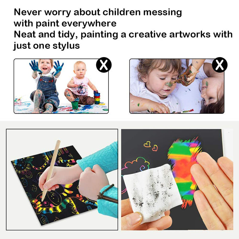 Zestaw Kart do Zeskrobania w Magicznych Tęczowych Kolorach – ColorBurst-50× papier + 4× karty szablonowe + 5 magicznych ołówków + 1× pędzelek i temperówka-Trend Polska