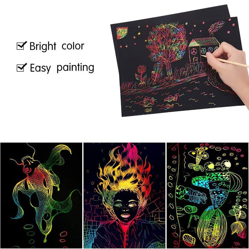 Zestaw Kart do Zeskrobania w Magicznych Tęczowych Kolorach – ColorBurst-50× papier + 4× karty szablonowe + 5 magicznych ołówków + 1× pędzelek i temperówka-Trend Polska