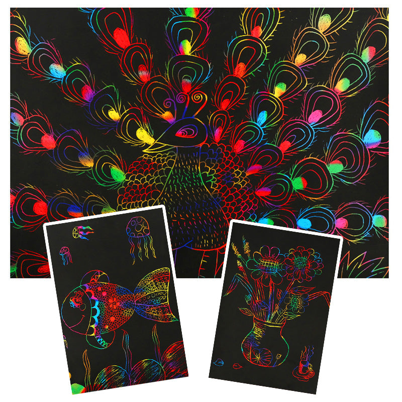 Zestaw Kart do Zeskrobania w Magicznych Tęczowych Kolorach – ColorBurst-50× papier + 4× karty szablonowe + 5 magicznych ołówków + 1× pędzelek i temperówka-Trend Polska