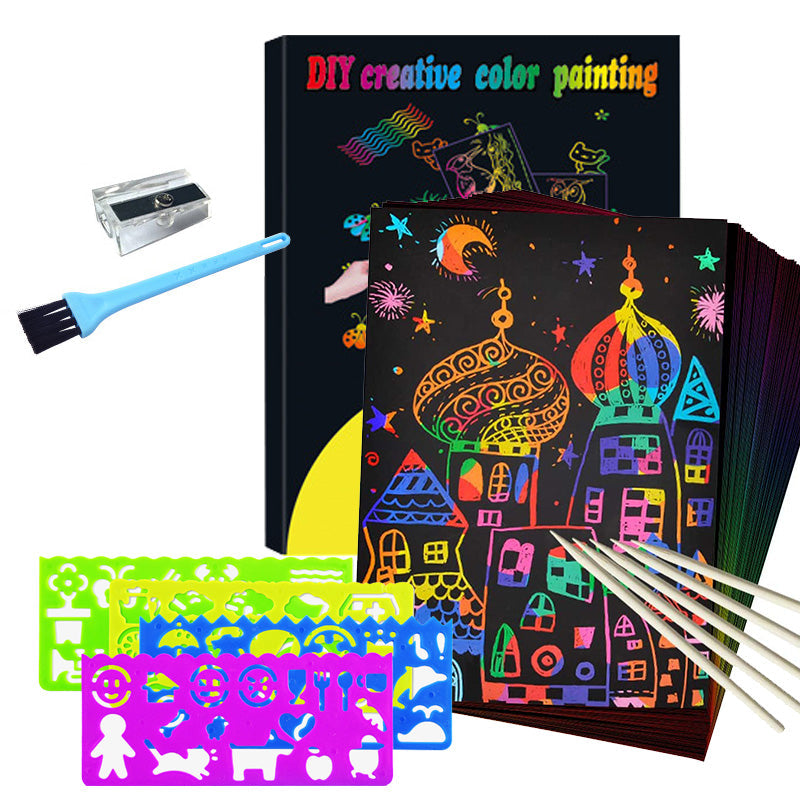 Zestaw Kart do Zeskrobania w Magicznych Tęczowych Kolorach – ColorBurst-50× papier + 4× karty szablonowe + 5 magicznych ołówków + 1× pędzelek i temperówka-Trend Polska
