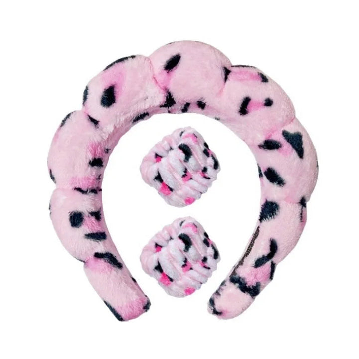 Zestaw opaski na głowę i nadgarstek z pluszu - Fluffiea-Dalmata Różowy-Trend Polska