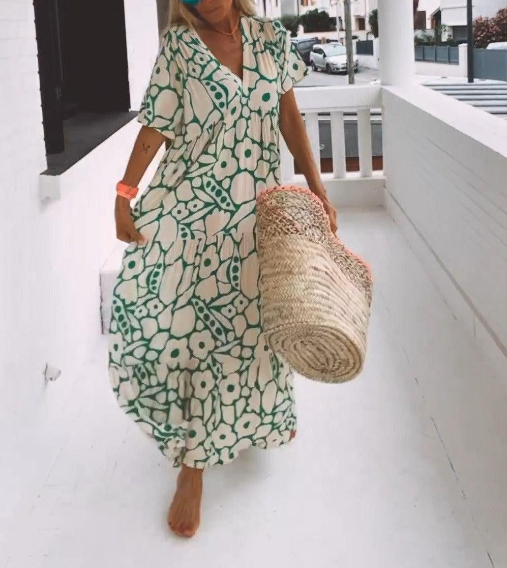 Zielona maxi sukienka z krótkimi rękawami i wzorem – Elisa-XS-Trend Polska