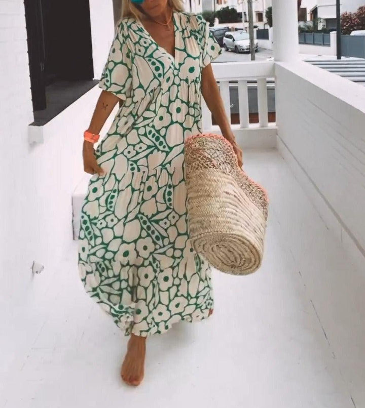 Zielona maxi sukienka z krótkimi rękawami i wzorem – Elisa-XS-Trend Polska