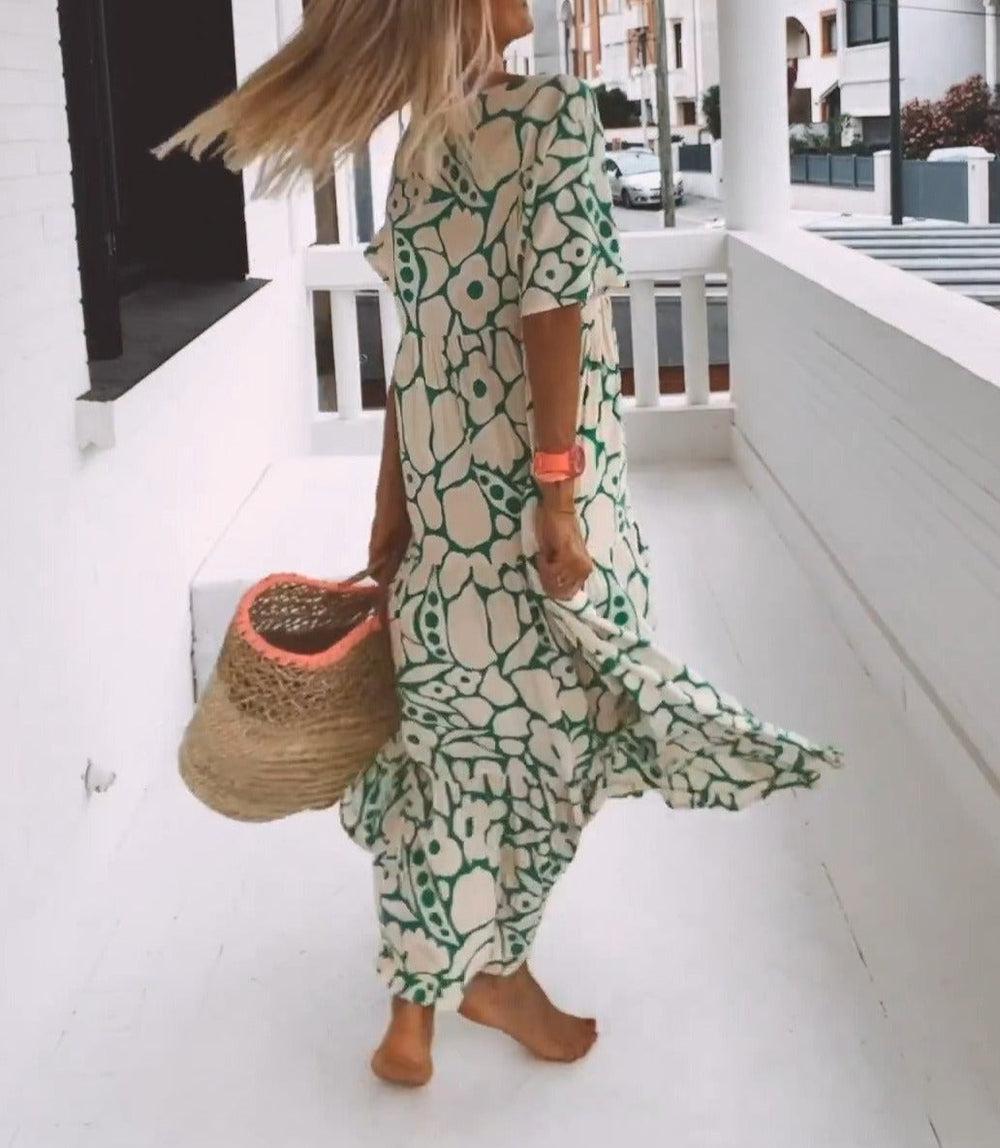 Zielona maxi sukienka z krótkimi rękawami i wzorem – Elisa-XS-Trend Polska