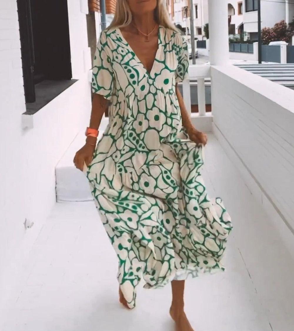 Zielona maxi sukienka z krótkimi rękawami i wzorem – Elisa-XS-Trend Polska