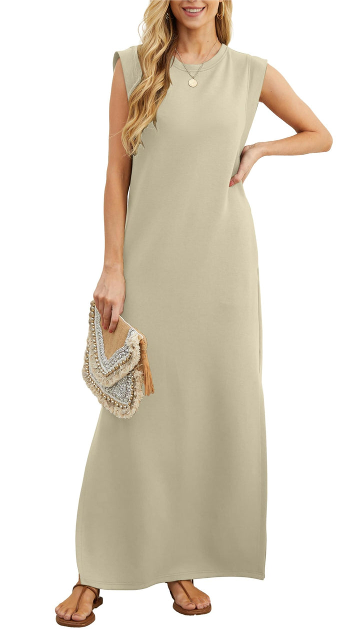 Zwiewna sukienka maxi z kieszeniami dla kobiet – Romy-Khaki-S-Trend Polska